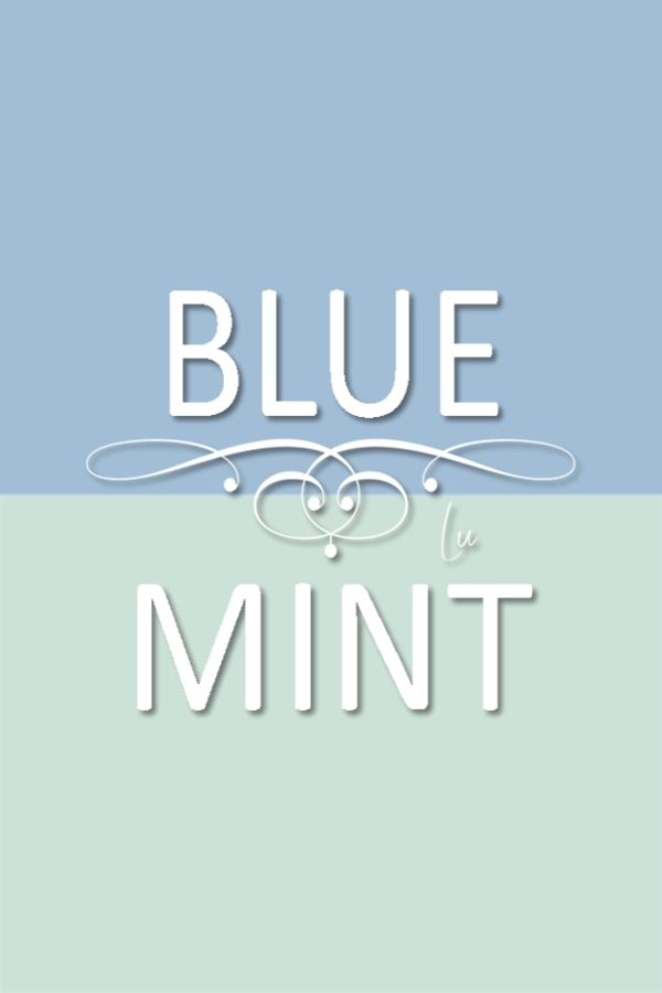 the words blue and mint against a light blue background