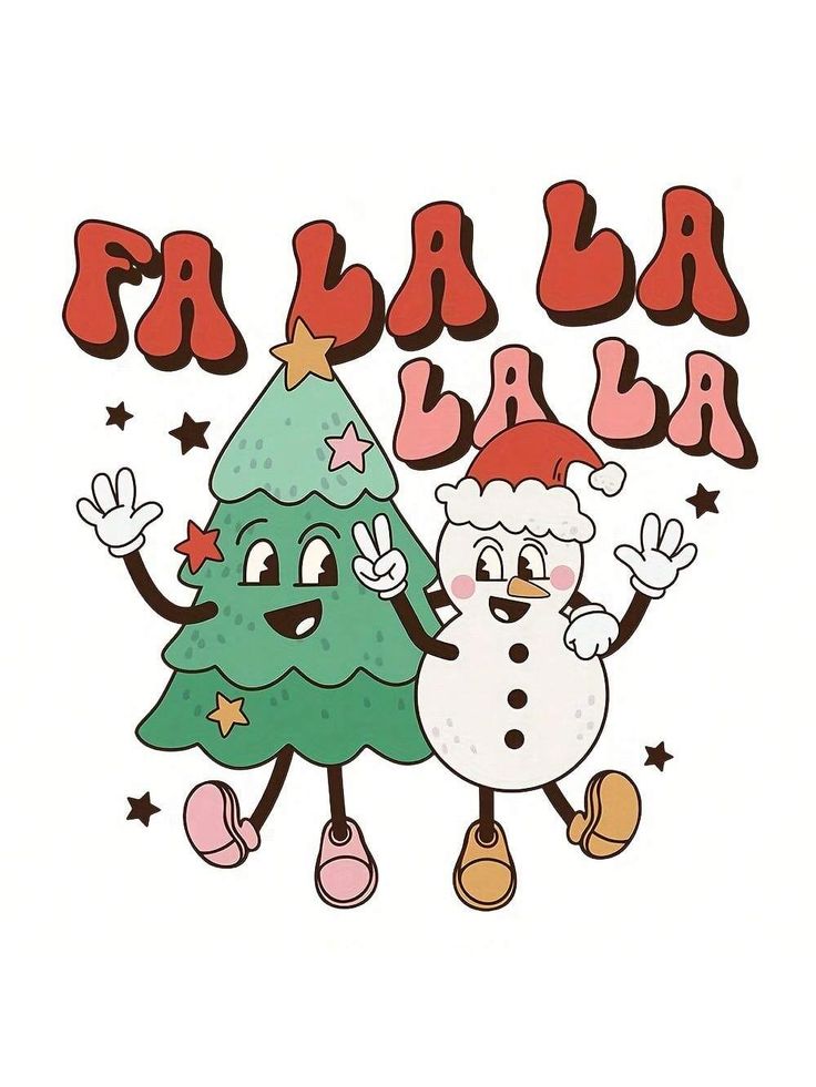 two cartoon christmas trees standing next to each other with the words fa la la on them