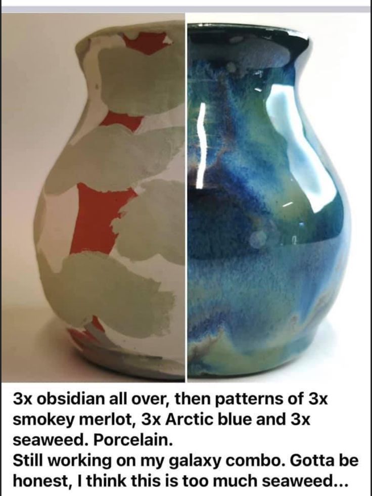 two vases with different colors and designs on them