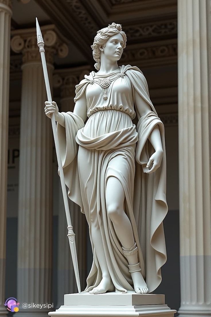 a statue of a woman holding a spear in front of some white pillars and columns