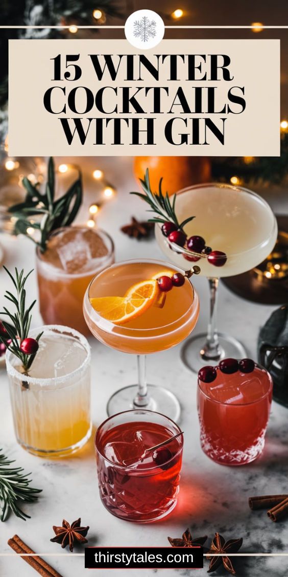 the top five winter cocktails with gin in glasses and garnished with an orange slice