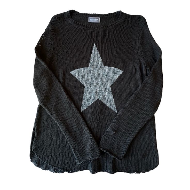 The Lucky Star Sweater By Wooden Ships Black With Silver Star Rounded Wide Crew Neckline Raglan Long Sleeves Lightweight Open Knit Very Soft Cotton Blend Relaxed Fit Throw Over A Swimsuit Or Pair With Jeans For Boho Preppy Americana Measurements For S/M: Chest Width 26" Length 24.5" Approximate **Last Stock Photo To Show Fit Only. Star Is Silver. Nwot Star Sweaters, Half And Half Sweater With Stars, Casual Black Sweater With Star Print, Star-shaped Cotton Sweatshirt For Winter, Long Sleeve Star Print Winter Sweater, Knit Sweater With Star Print Long Sleeve, Star Sweater, Wooden Ship, Black Star