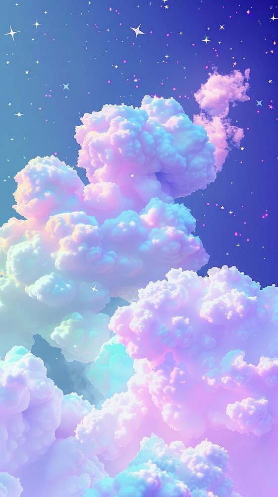 the sky is filled with clouds and stars in pastel colors, as if they were floating