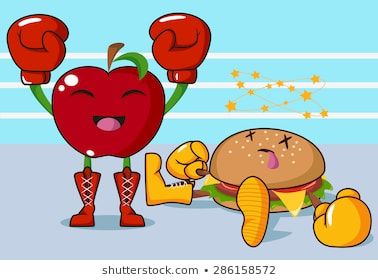 a cartoon character with boxing gloves and an apple sitting on the ground next to a burger