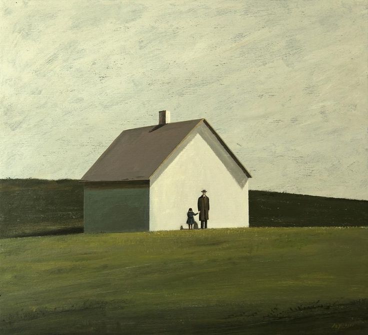 a painting of a man and dog standing in front of a white house on a hill