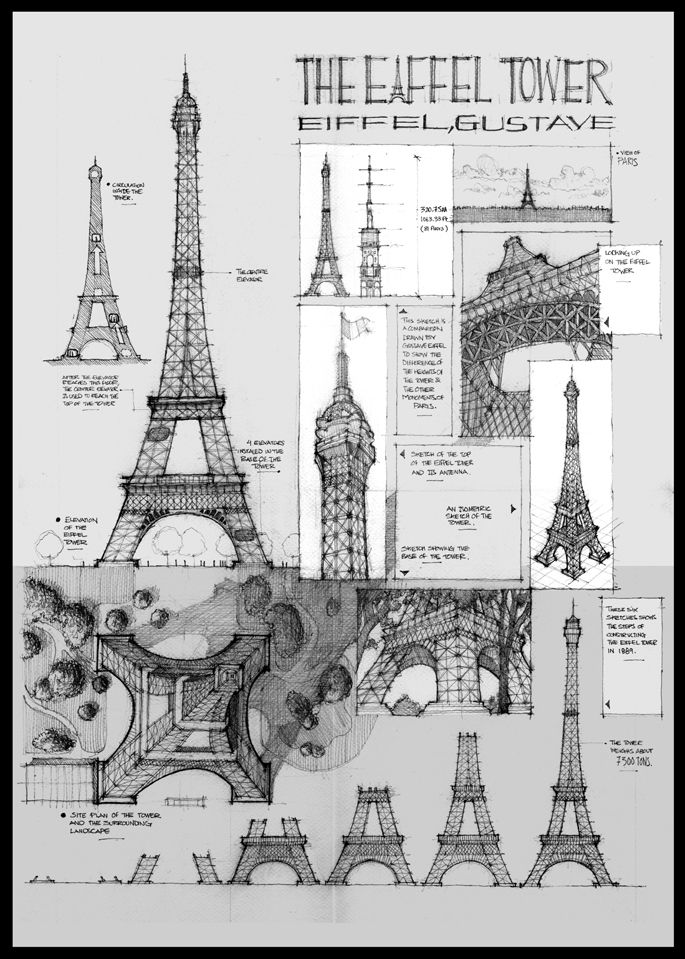 the eiffel tower is depicted in this black and white photo, with many other architectural details