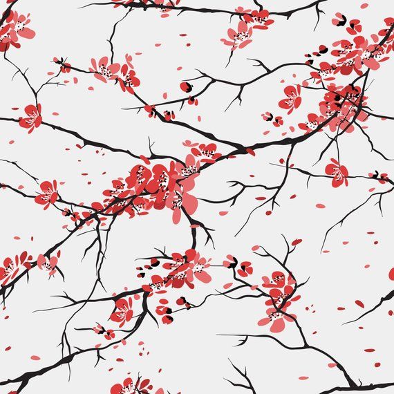 branches with red flowers against a white sky in the fall or winter, painted by hand