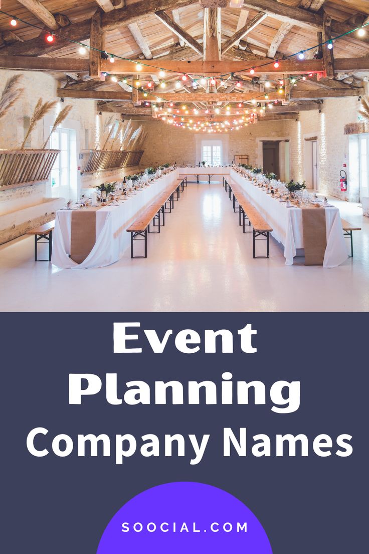 the event planning company names are displayed in front of a large room with tables and chairs