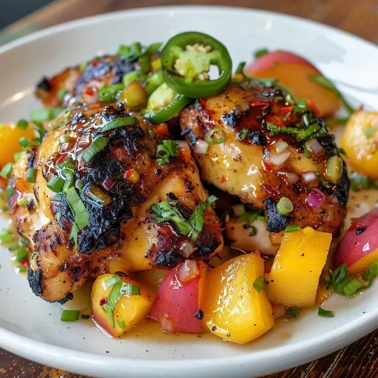 a white plate topped with chicken and veggies on top of a wooden table