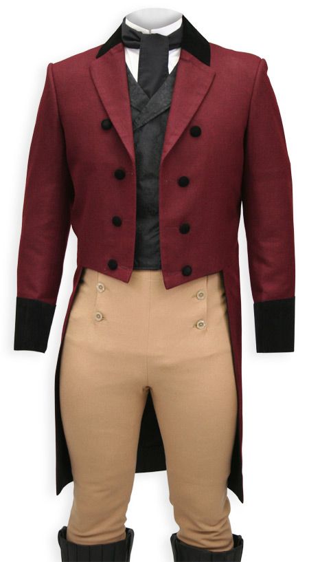 I think you need one of these outfits ;) Burgundy Regency Coat over your shoulders and cut a gallant figure at your next festive event. Designed in the cut-away style found in early 19th century fashion, this men’s coat is ideal with our Fall Front Trousers for a true period look. Early 19th Century Fashion, Regency Era Fashion, Fall Fashion Coats, 1800s Fashion, Regency Dress, Regency Fashion, 19th Century Fashion, Period Outfit, Century Clothing