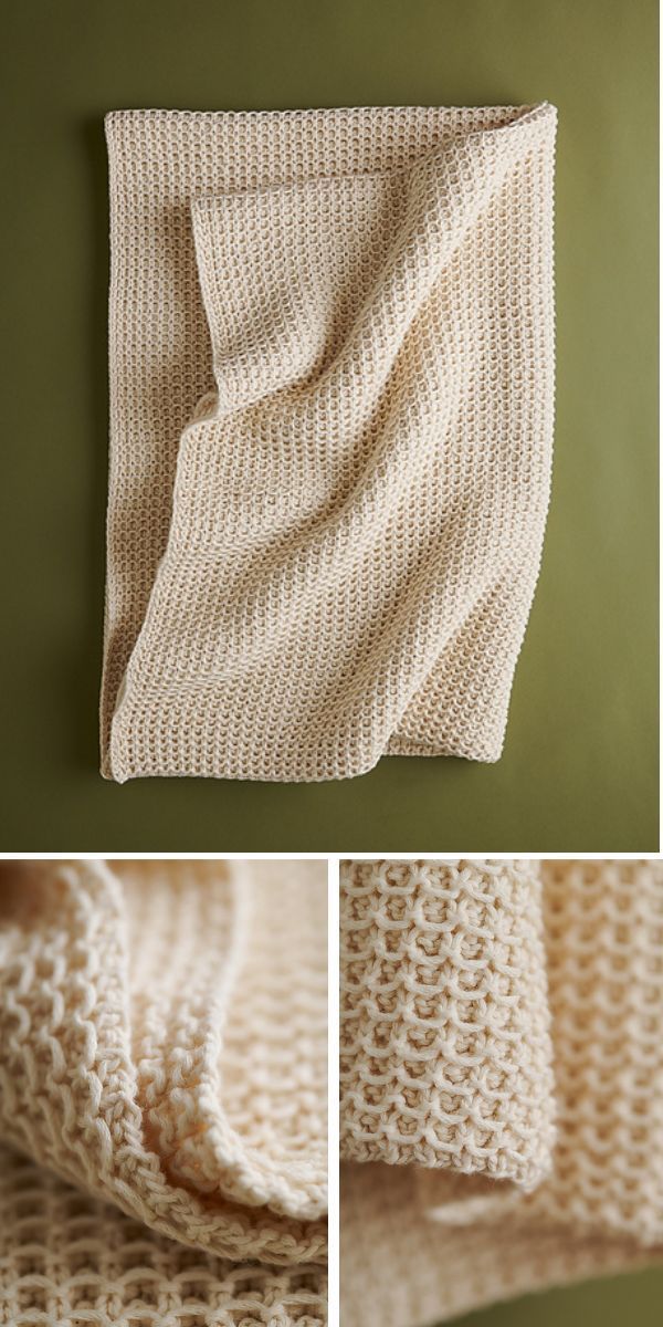 three pictures of the same blanket, one with white yarn on it and one with brown yarn