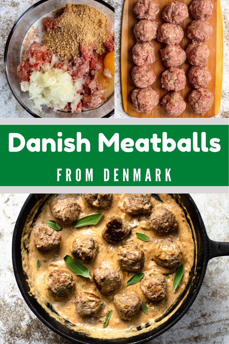 danish meatballs in a pan with the title above it