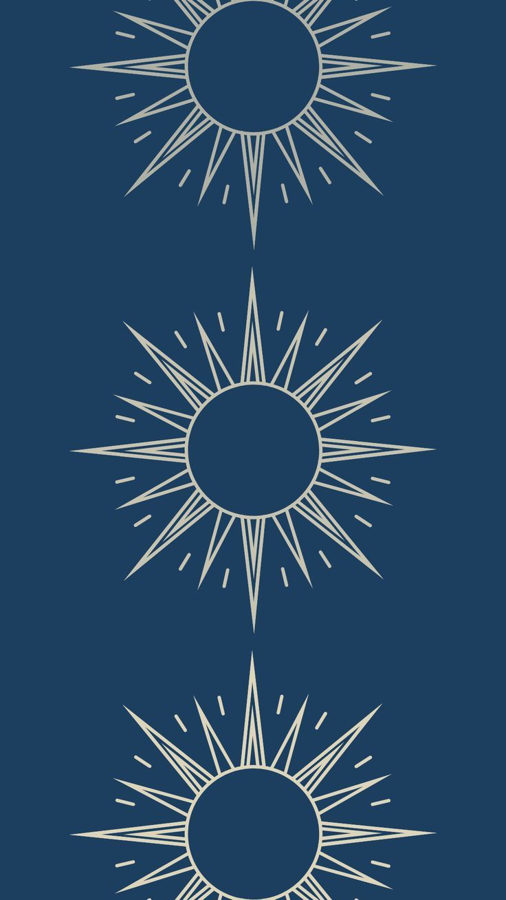 three sunbursts on a blue background, each with different shapes and sizes