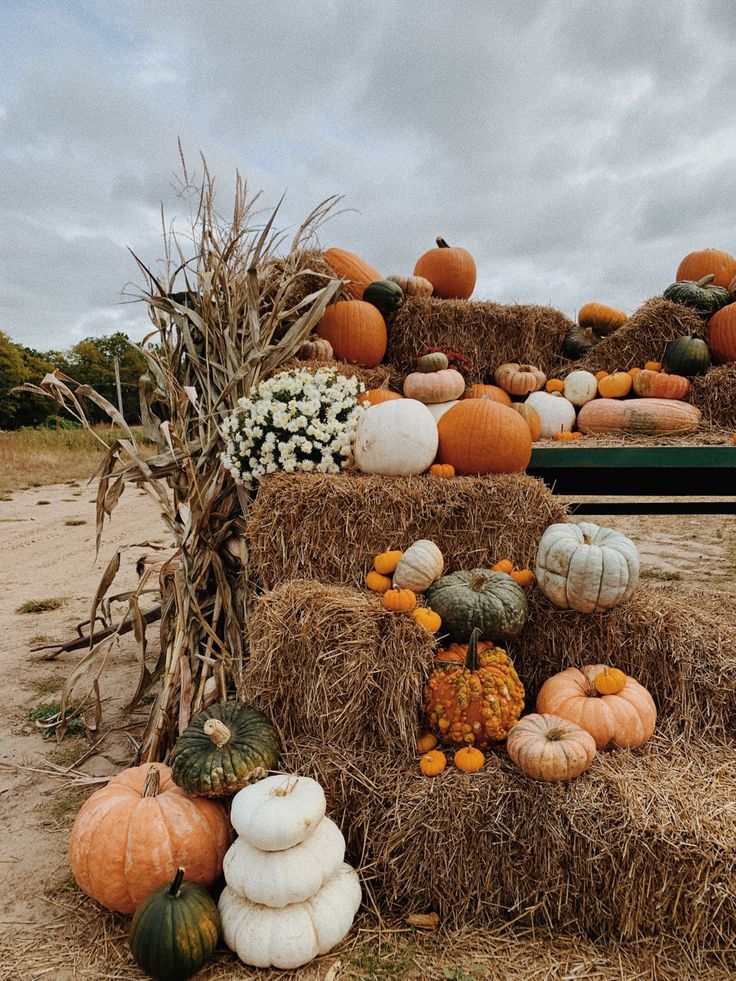 a pile of hay with pumpkins and gourds on it