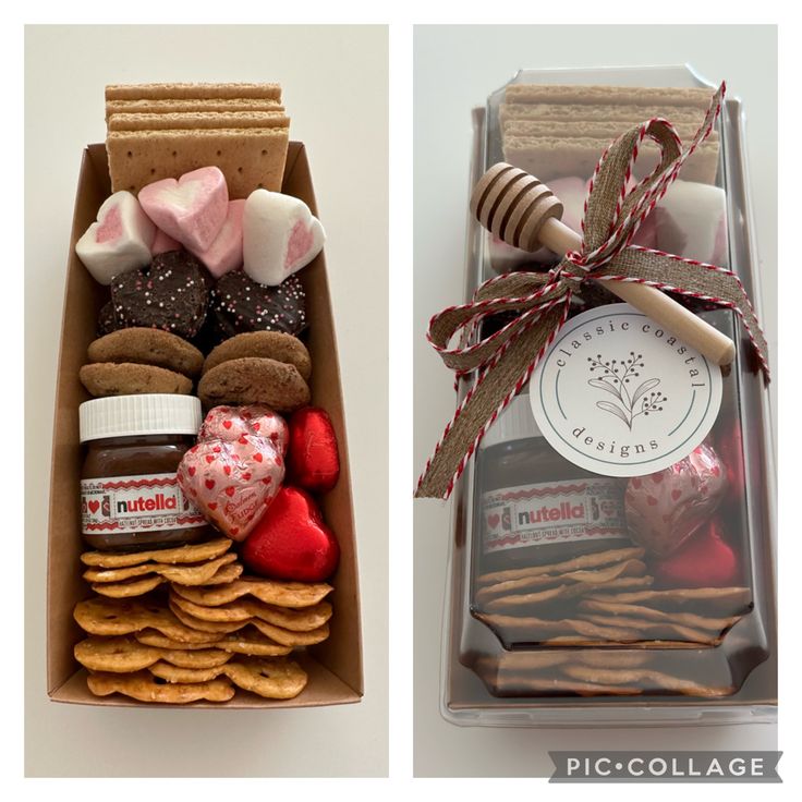 two boxes filled with different types of treats