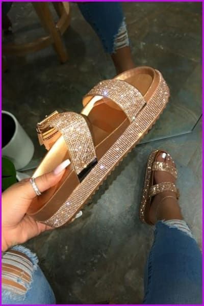 Upper Material: PUOutsole Material: Rubber Sequin Sandals, Sneaker Outfits, Summer Sandals Flat, Women Platform Sandals, Womens Gladiator Sandals, Glitter Sandals, Comfortable Slippers, Rhinestone Sandals, Beach Slippers