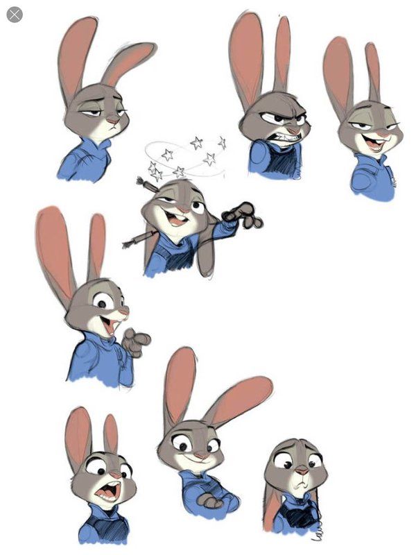 some rabbits with different poses and expressions on their faces, one is pointing at the camera