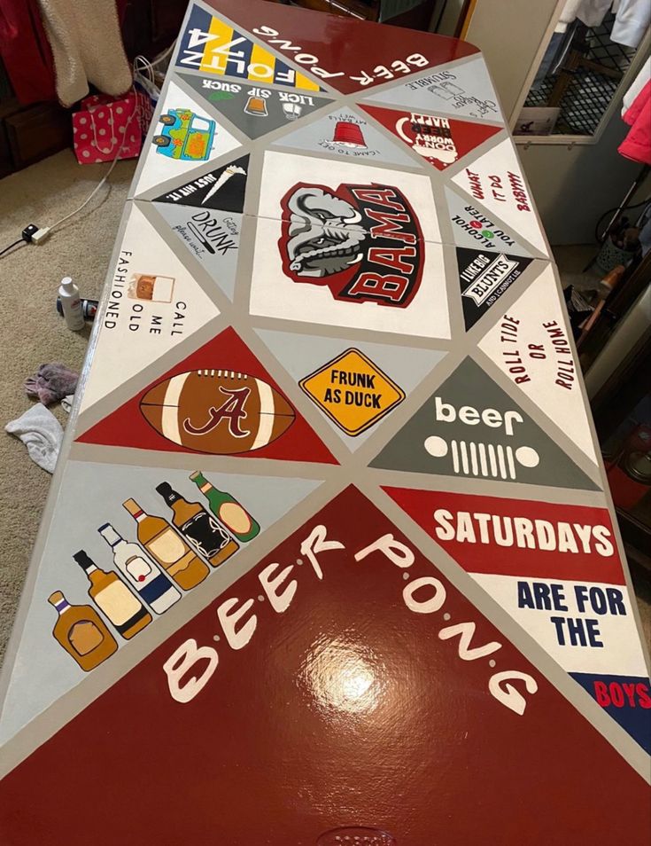 a long table with many different stickers on it