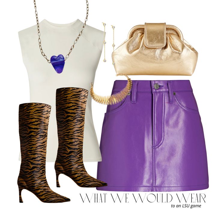 Gameday Outfit Lsu, Purple Shorts Outfit, Lsu Game Day Outfit, Purple Leather Skirt, Purple Heart Necklace, Lsu Gameday, Lsu Outfits, Heart Necklace Gold, Black Leather Shorts