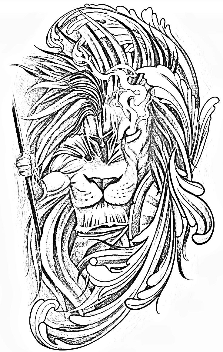 a black and white drawing of a lion's head with an arrow in its mouth