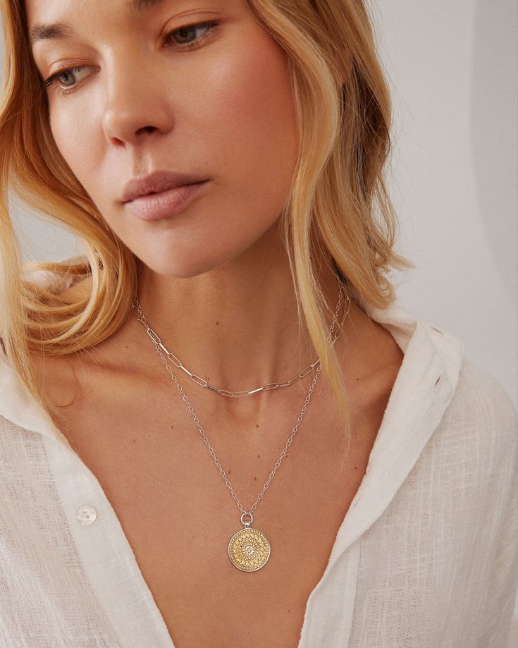 Classic Medium Disc Reversible Pendant Necklace | Gold Jewelry | Anna Beck – Anna Beck Designs, Inc Anna Beck Jewelry, Anna Beck, Bali Jewelry, Necklaces Handmade, Stacked Necklaces, Disc Pendant, Engraved Necklace, Silver Chain Necklace, Circle Pendant