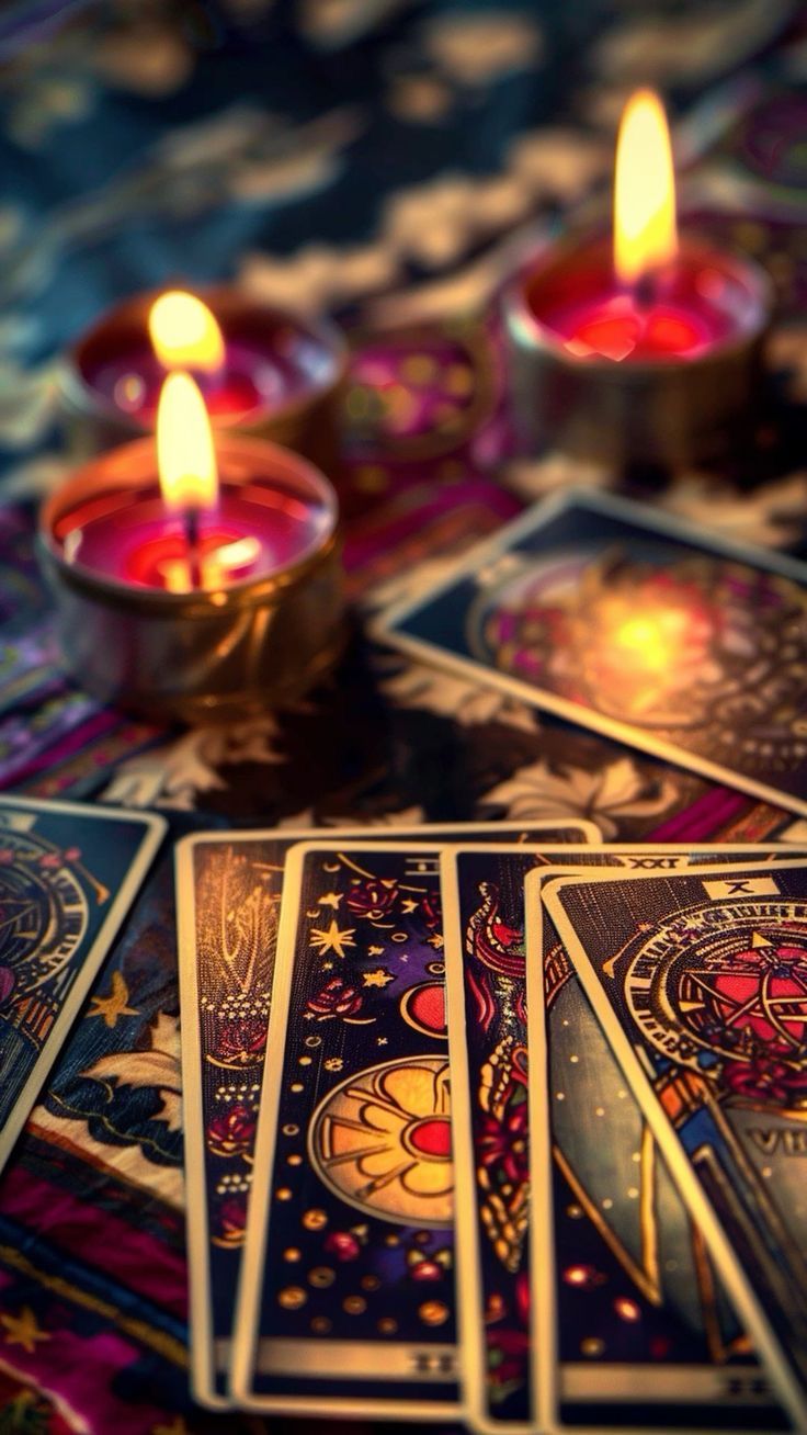 candles and cards on a table with the tarot deck in front of each other