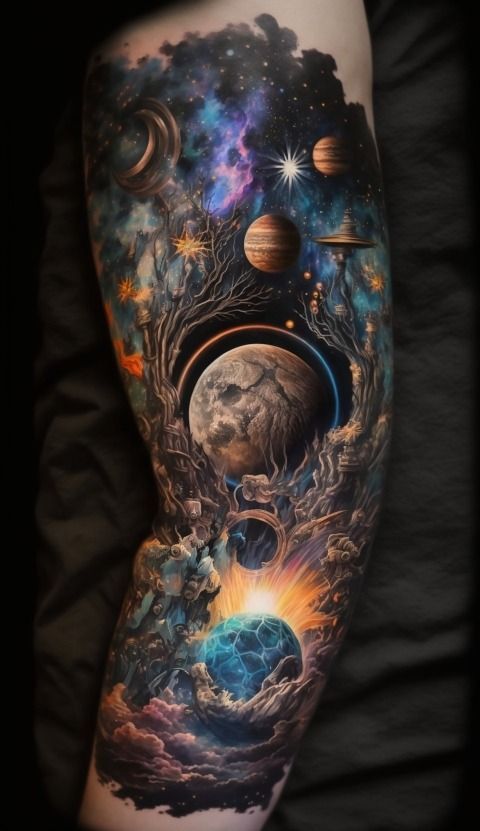 a man's arm with planets and stars on it