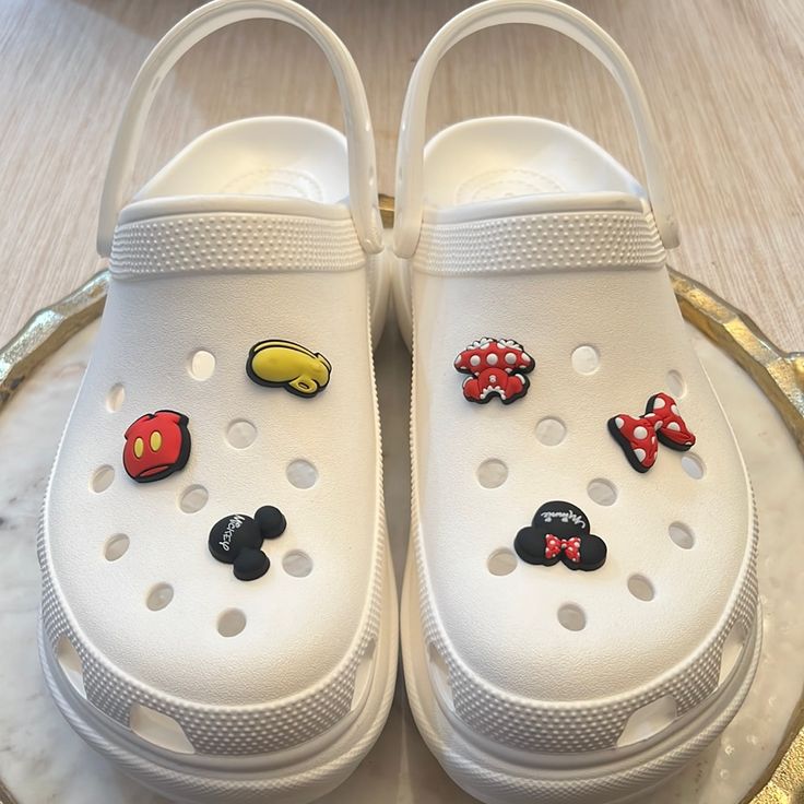 Brand New Never Used Croc Wedges With Minnie Mouse And Mickey Mouse Charms Croc Wedges, Minnie Mouse And Mickey Mouse, Women's Crocs, Crocs Shoes, Womens Shoes Wedges, Minnie Mouse, Color White, Wedges, Charms