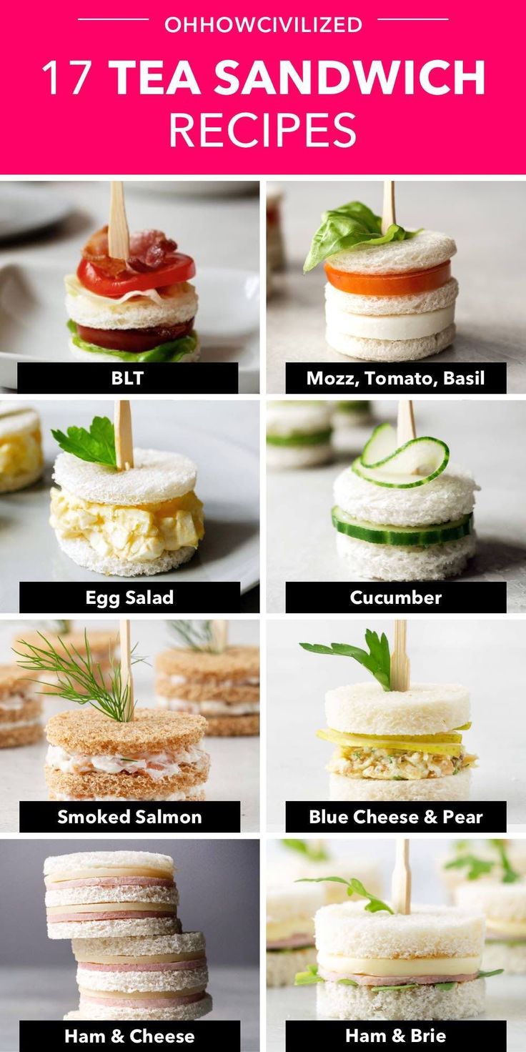 an image of sandwiches with different toppings on them and the words, 17 tea sandwich recipes