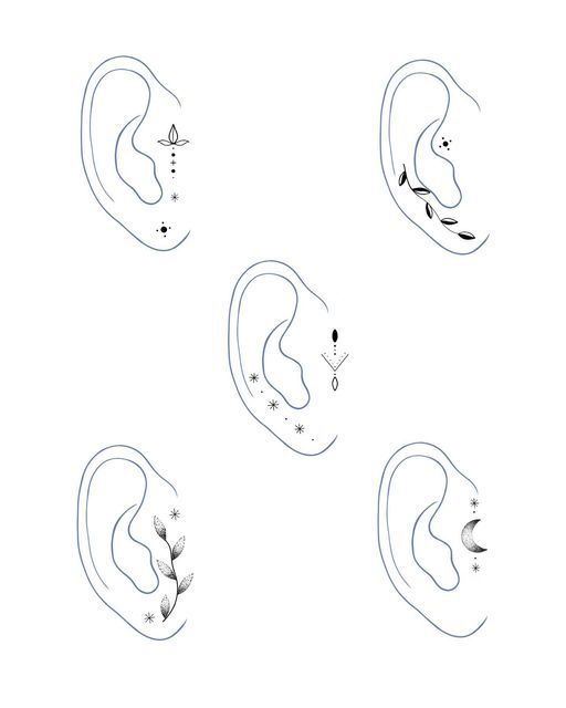 four different types of ear piercings are shown in black and white, including one with leaves on it