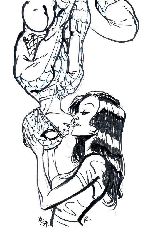 a drawing of two people kissing each other with spider man and woman in the background