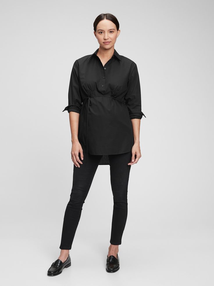 Soft weave.  Button-front placket collar.  Long sleeves.  Shirred details at waist with tie belt.  Assorted colors.  Please note: Maternity styles cannot be returned in store.  Please enjoy free returns by mail. Edgy Maternity Outfits, Maternity Styles, Minimal Wardrobe, Gap Maternity, Maternity Outfits, Stylish Hoodies, Basic Leggings, Big Shirt, Popover Shirt