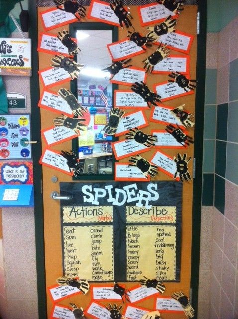 a classroom door decorated with handprints and spider's on the front page