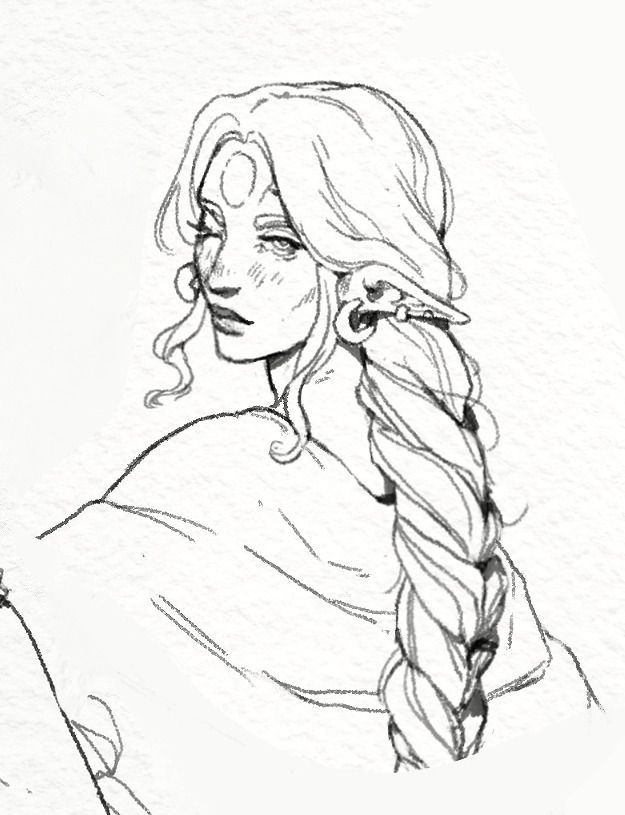 a drawing of a woman with long hair and braids on her head, looking to the side