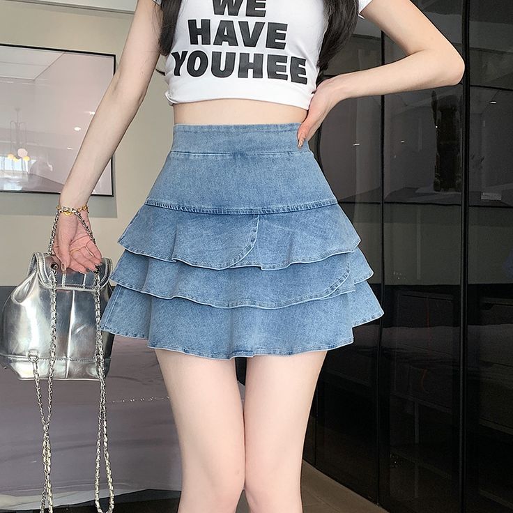 Color: Blue, Size: S Denim Skirt With Lace, Puffy Design, Skirt With Lace Trim, Short Pollera, Cake Dress, High Waisted Denim Skirt, Skirt With Lace, Plaid Pleated Skirt, Skirt Y2k