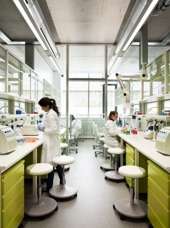 two women in white lab coats working on microscopes and stools at desks