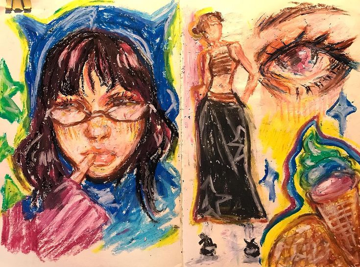 a drawing of a woman with glasses next to an image of a man's eye