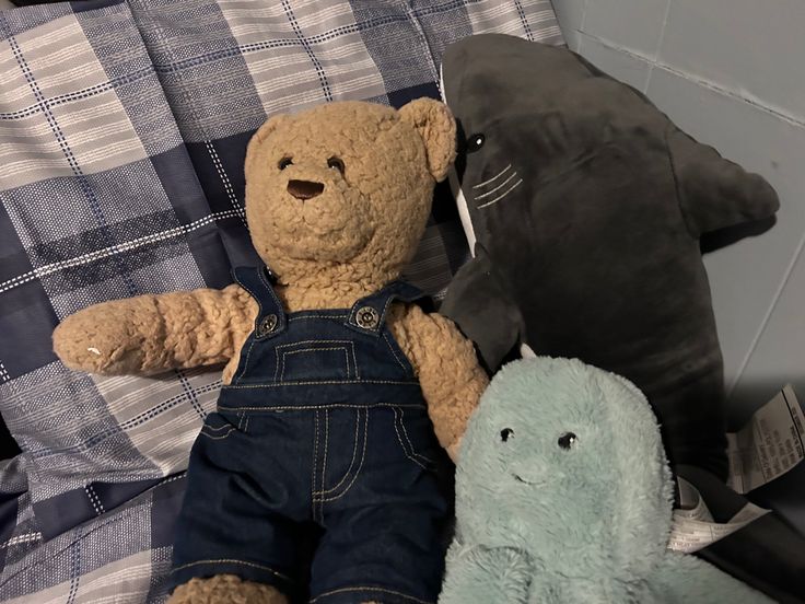 two stuffed animals sitting next to each other on a bed with blue and white checkered sheets