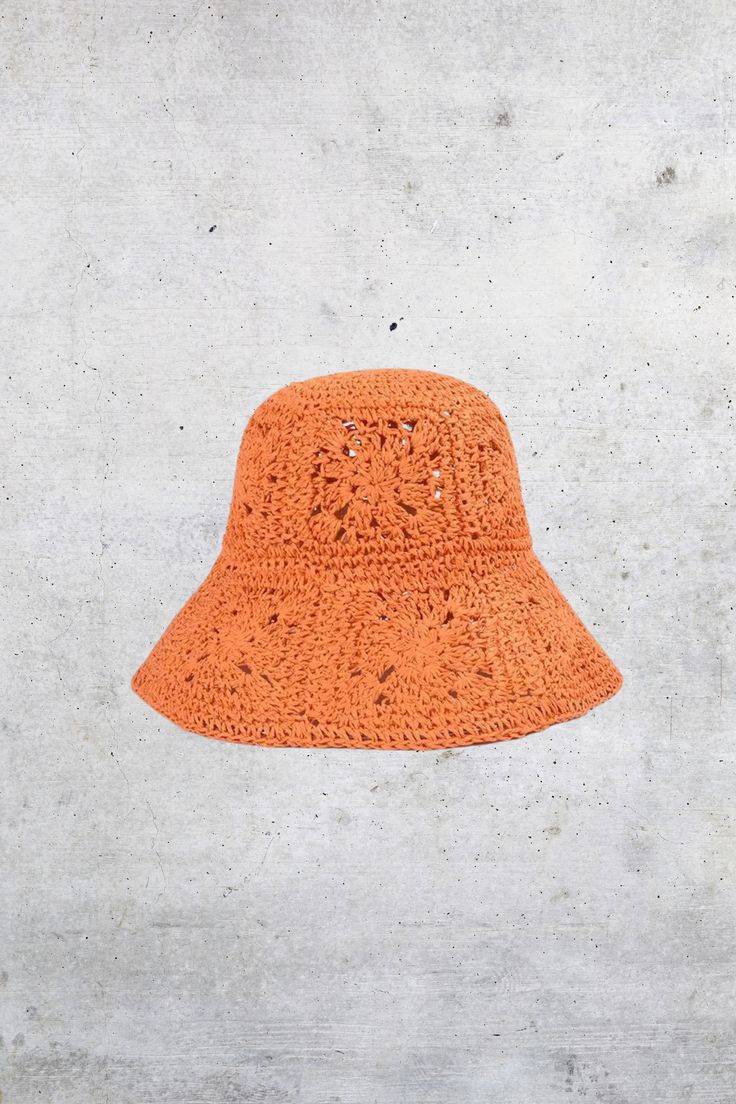 GOLDxTEAL floral straw orange bucket hat. Casual Orange Sun Hat For Vacation, Casual Orange Straw Hat For Summer, Casual Orange Straw Hat For Spring, One Size Bucket Hat For Vacation, Orange Summer Hat For Beach Season, Trendy Orange Summer Bucket Hat, Trendy Orange Bucket Hat For Summer, Casual Orange Beach Hat, Vacation Crochet Hat With Curved Brim