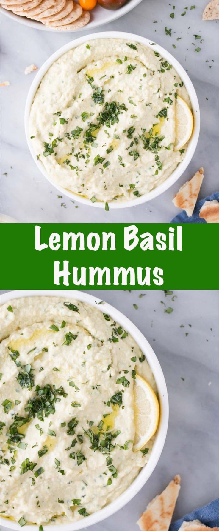 two bowls filled with lemon basil hummus next to crackers