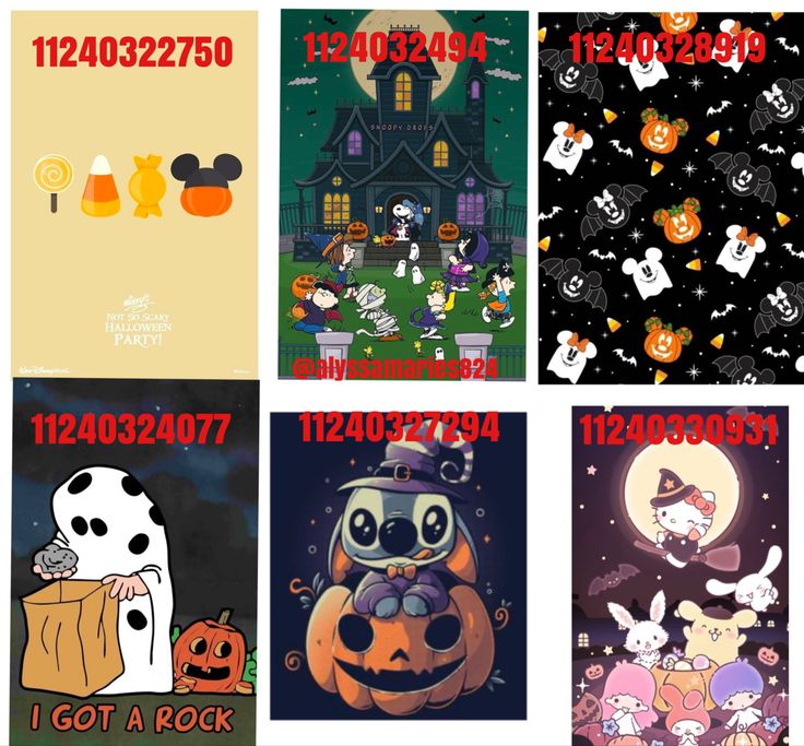 four halloween cards with cartoon characters on them