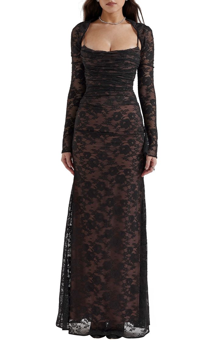 Dreamy floral lace cascades stunningly down your figure in a sweeping maxi dress shaped with delicate ruching at the waist and framed by fitted long sleeves. Exclusive retailer   Hidden side-zip closure   Square neck   Long sleeves   Lined   62% recycled polyamide, 38% polyamide; 80% polyamide, 20% elastane; 100% polyester; 100% polyamide   Dry clean   Imported 2 Piece Lace Dress, Black Lace Maxi Dress, Corpse Bride, Romantic Lace, Lace Corset, House Of Cb, Lace Maxi, Vintage Elegant, Lace Maxi Dress