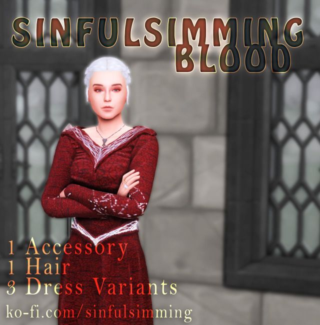 a woman in a red dress standing with her arms crossed and the words sinfulisming blood on it