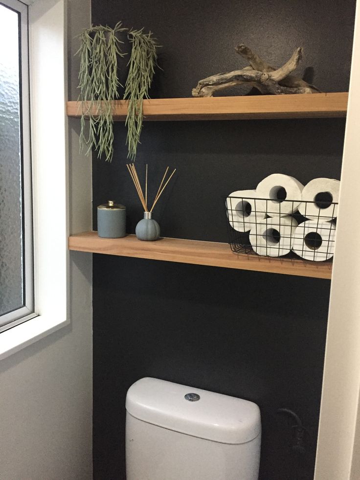 a toilet in a bathroom next to shelves with plants on them and two rolls of toilet paper