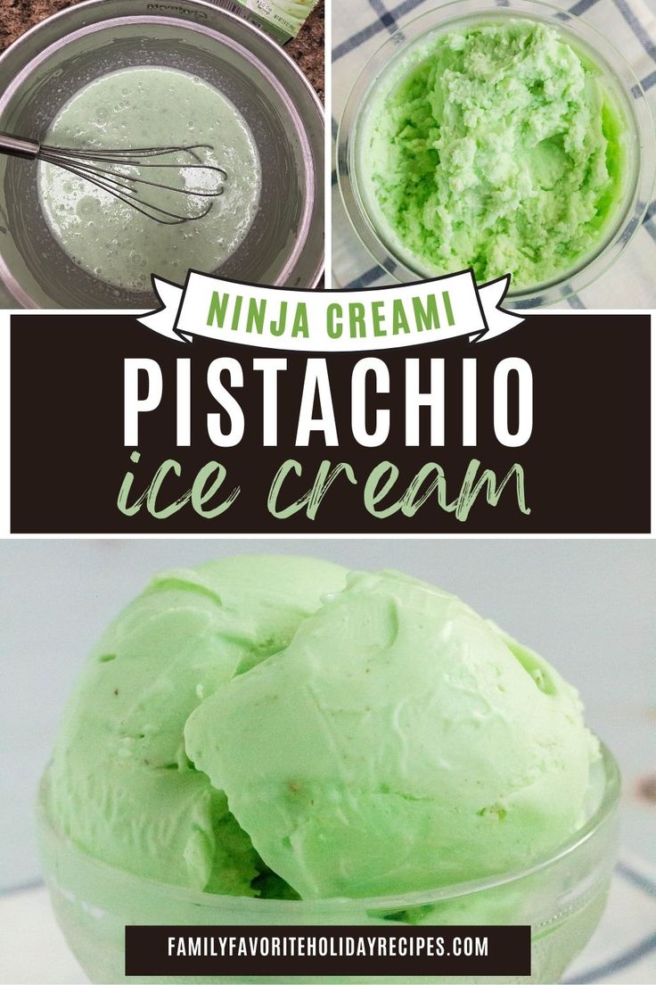 this is a collage of pictures with ice cream in them and the text overlay reads, ninja cream pistachio ice cream