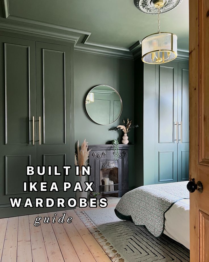 a bedroom with green painted walls and wooden floors is featured in the article built in ikea pax wardrobes