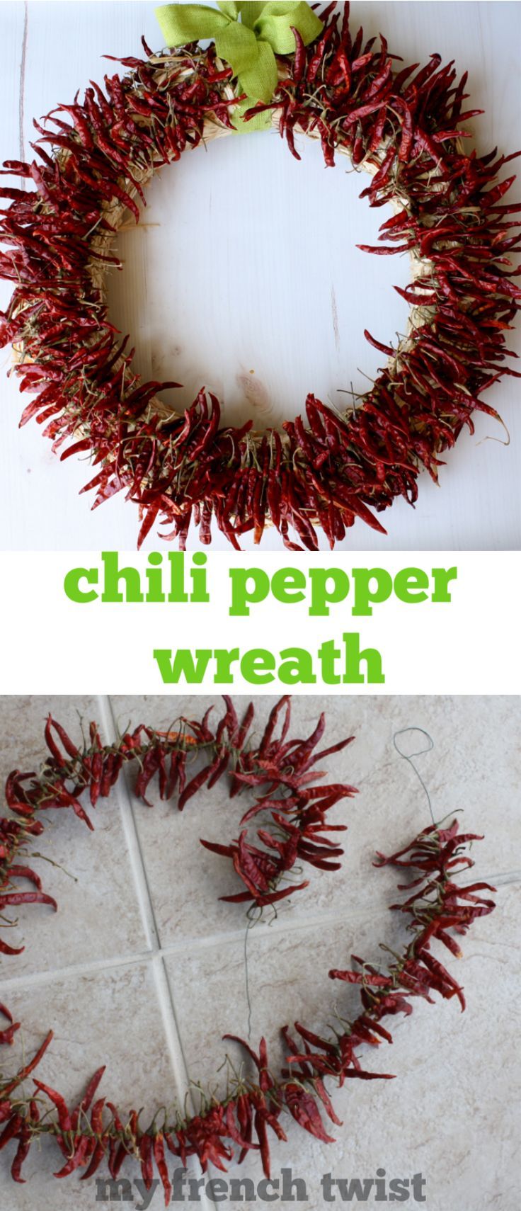 two pictures showing how to make a chili pepper wreath with the words chilli pepper wreath