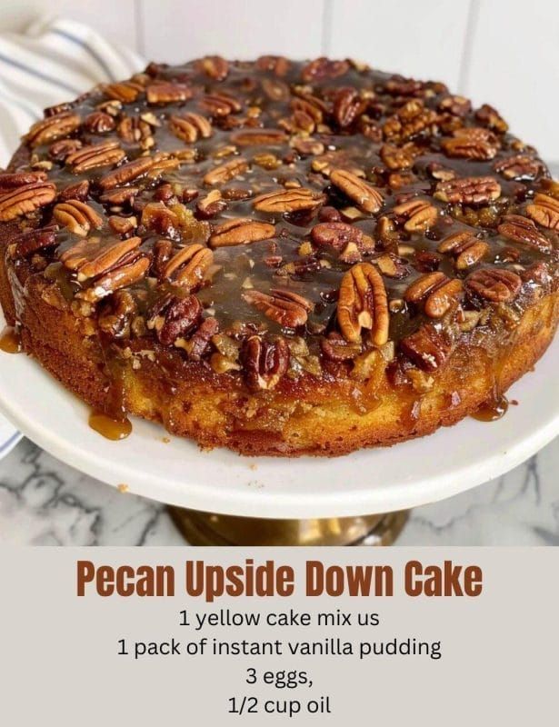 a pecan upside down cake on a white plate