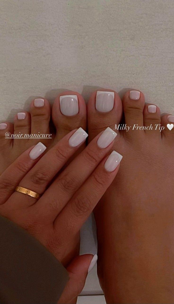 Short Square Manicure Nails, Short French Tip Pedicure, Milky White French Pedicure, Milk White Nails With French Tip, Short Classy Nail Ideas, Milk White Manicure, Matching French Manicure And Pedicure, Summer Nails Neutral Classy, Pedi And Mani Ideas Color Combos