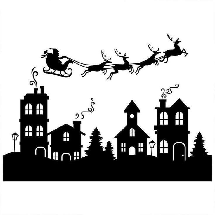 santa's sleigh flying over the city with his reindeers in silhouette